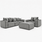 Modern grey sofa set with 3-seater, armchair, footstool and accent cushions
