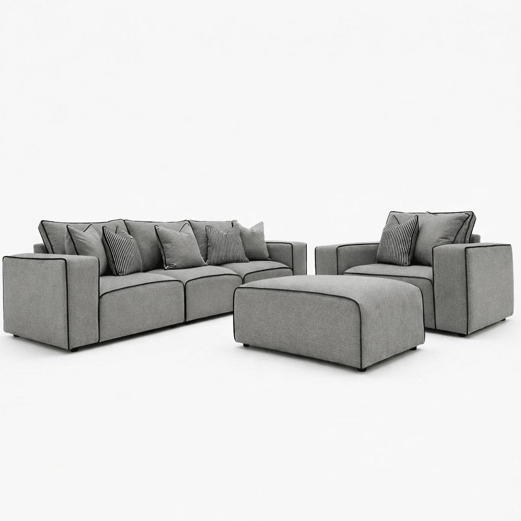 Modern grey sofa set with 3-seater, armchair, footstool and accent cushions