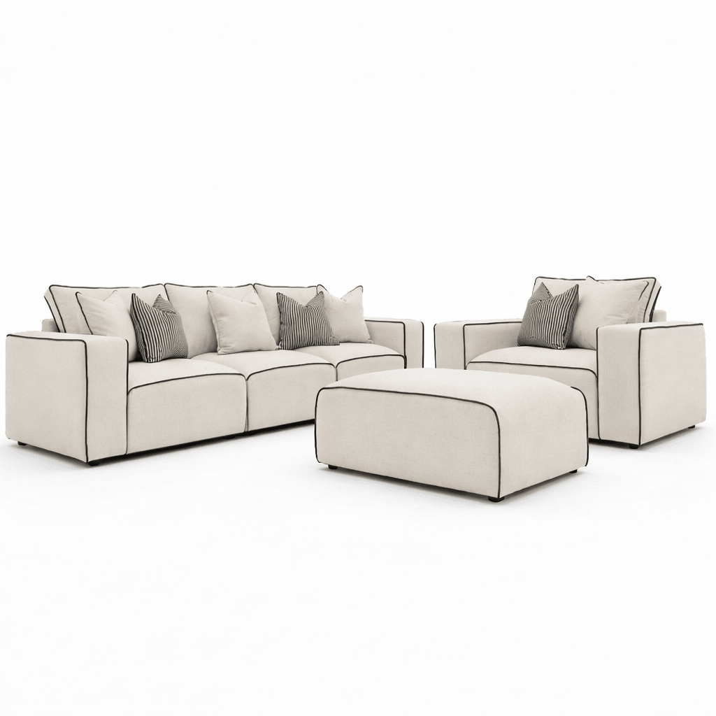 Modern white sofa set with black piping, includes 3-seater, armchair and footstool, striped pillows