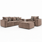 Modern beige sofa set with three-seater, armchair, footstool and stripe cushions