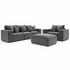 Modern grey sofa set with 3-seater, armchair, and footstool on white background