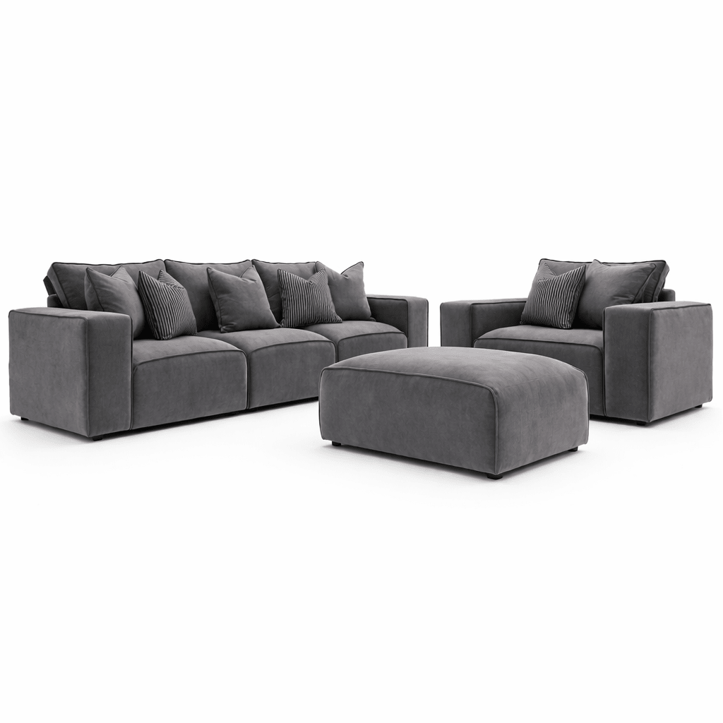 Modern grey sofa set with 3-seater, armchair, and footstool on white background