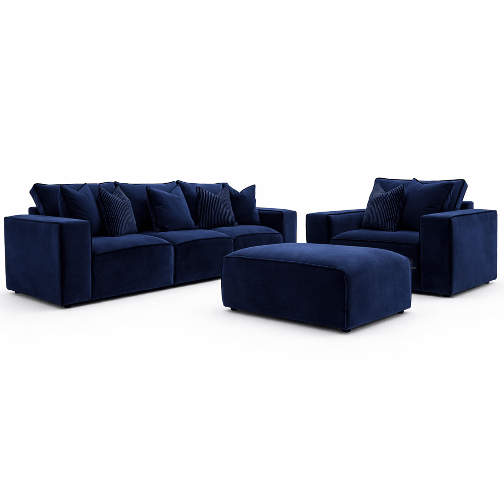 Navy blue velvet sofa set with three-seater, armchair, and matching ottoman