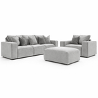 Modern grey 3-seater sofa set with armchair and footstool, plush cushions, minimalist style