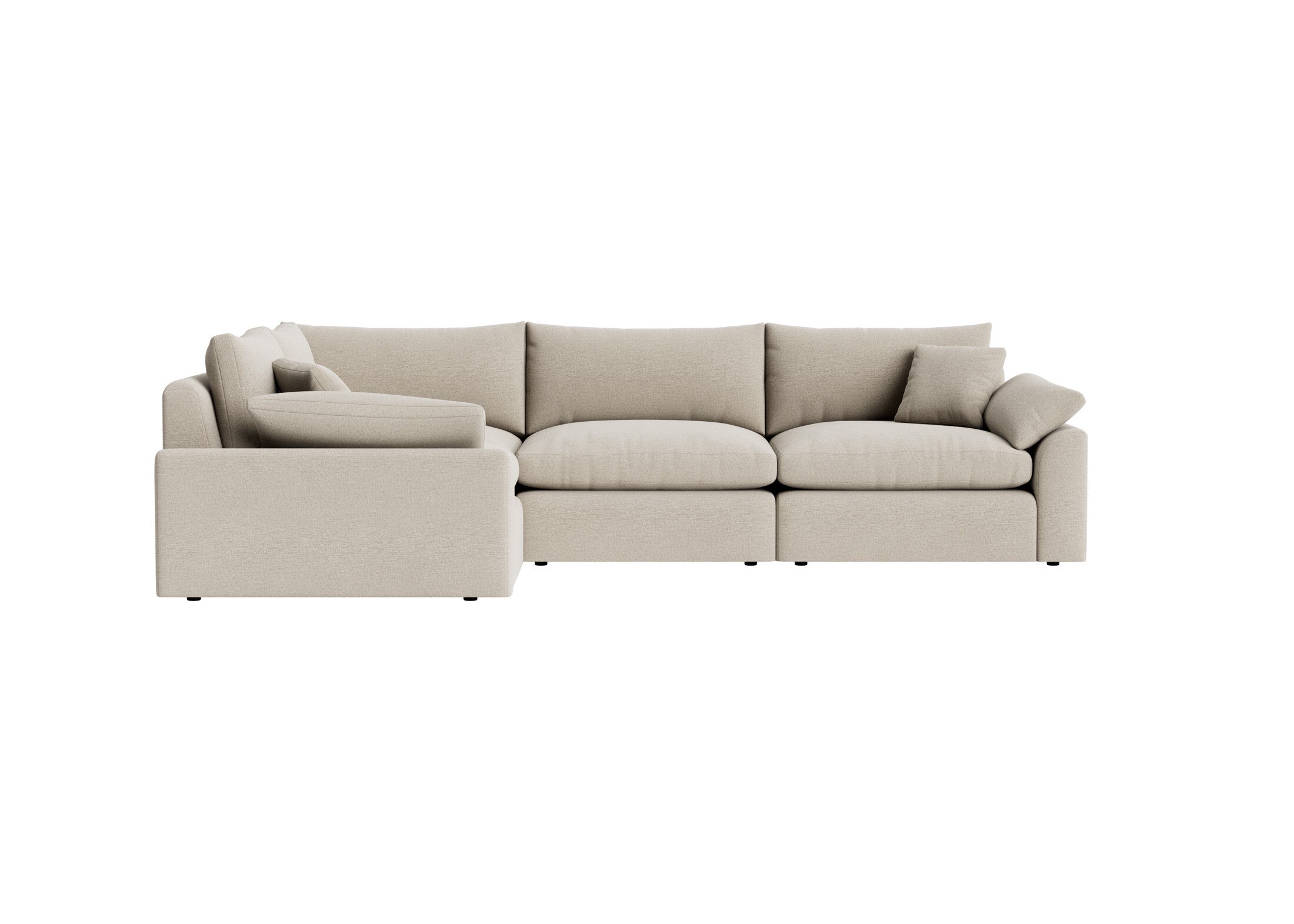 Beige modular corner sofa with plush cushions, modern sectional seating on white background