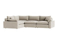 Beige modular corner sofa with plush cushions and a contemporary design, isolated on white