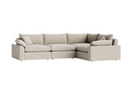 Beige modular corner sofa with plush cushions and low armrests, modern living room furniture.