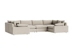 Neutral modular corner sofa with plush cushions, modern sectional seating, white background