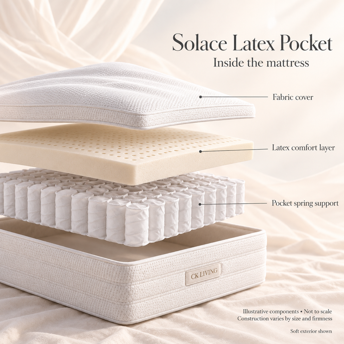 CK Living Solace Latex Pocket Mattress — illustrative exploded view of confirmed comfort and support components; not to scale; construction varies by option