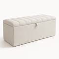 Cream boucle upholstered storage ottoman bench with padded lid and modern design