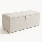 Cream boucle upholstered storage ottoman bench with padded lid and modern design