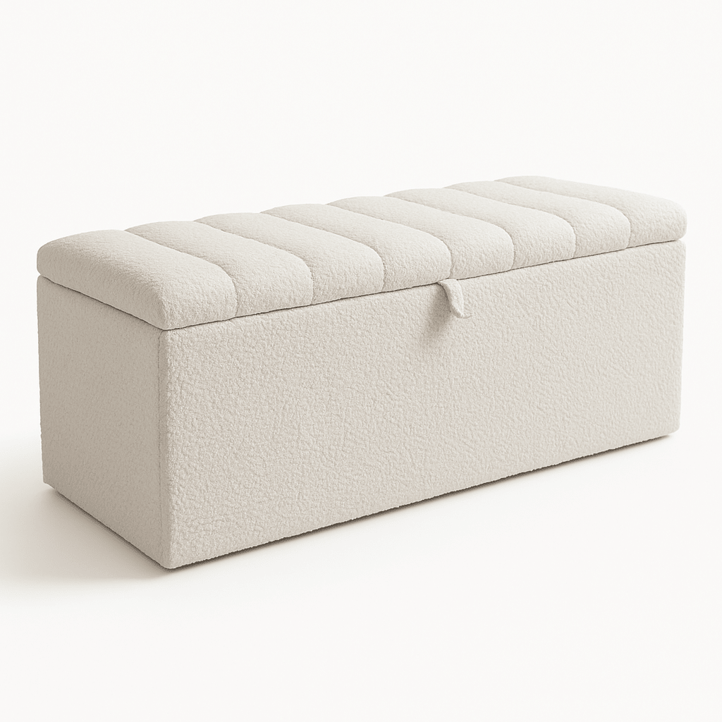 Cream boucle upholstered storage ottoman bench with padded lid and modern design