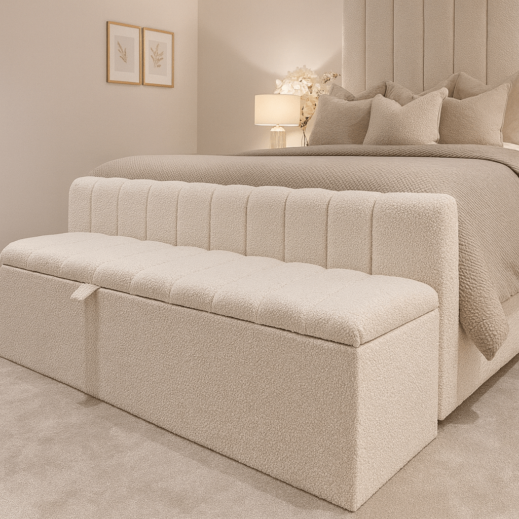 Cream boucle upholstered ottoman box with tufted detail at foot of bed in modern bedroom