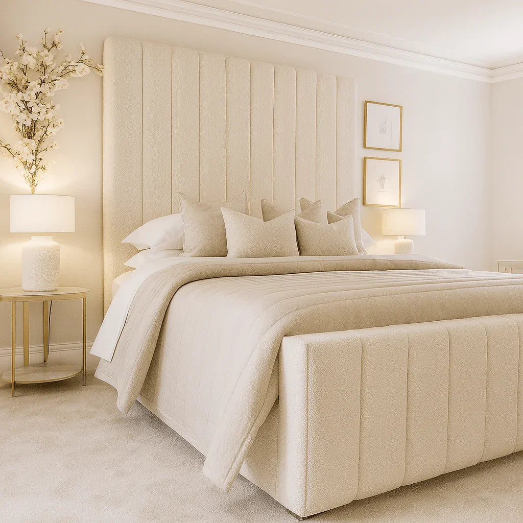 Luxury cream upholstered bed with tufted headboard and matching footboard in elegant bedroom setting