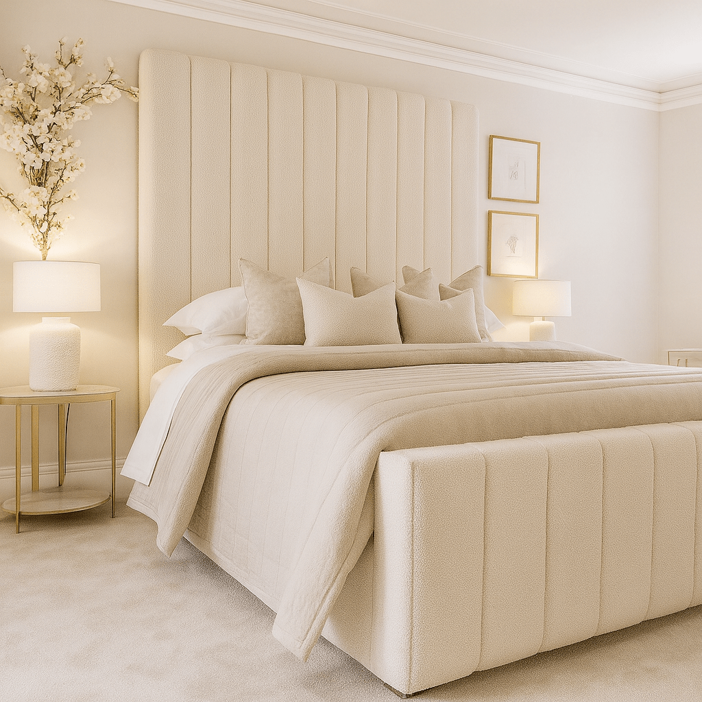 Modern bedroom with cream upholstered bed, tall headboard, and neutral decor accents.
