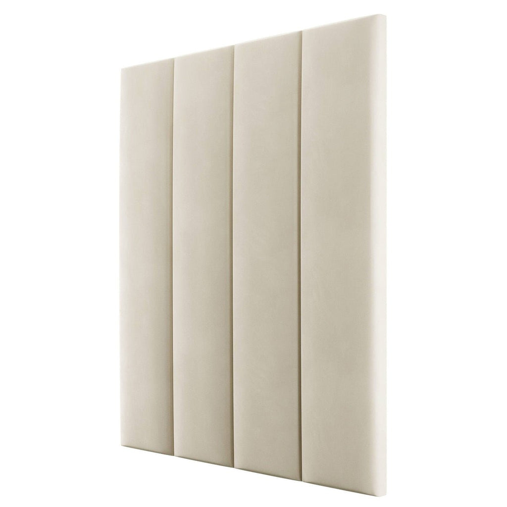Cream velvet upholstered headboard wall panel with vertical stitching, modern bedroom decor