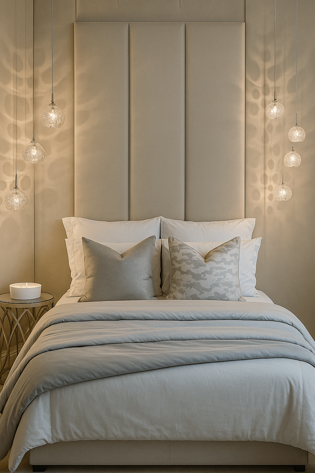 Cream velvet upholstered headboard wall panels behind a modern bed with soft pillows and pendant lights
