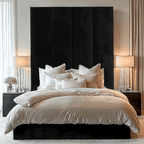 Cream velvet upholstered headboard wall panels in modern luxury bedroom setting