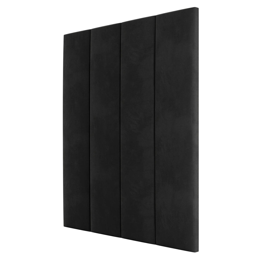 Black velvet upholstered wall panel headboard with four vertical sections