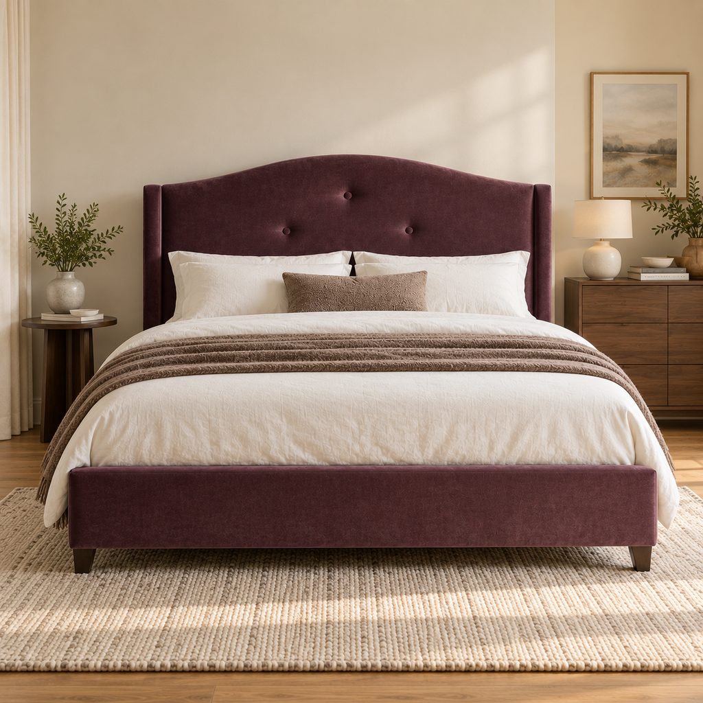 CK Living Loxley upholstered bed — front lifestyle view