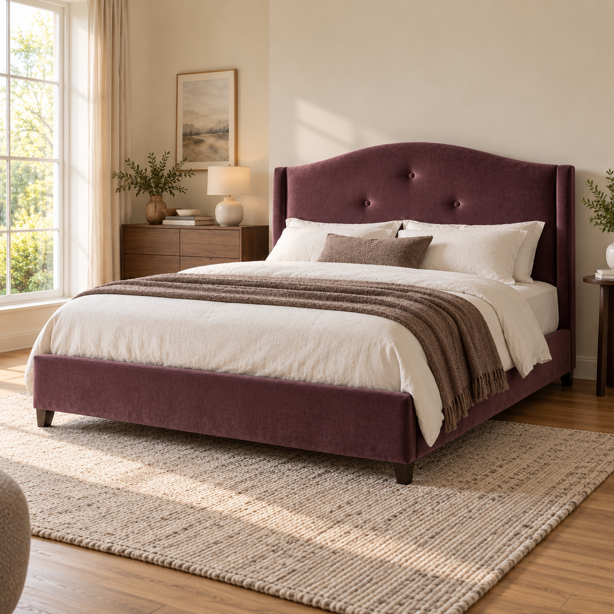 CK Living Loxley upholstered bed — opposite-angle lifestyle view