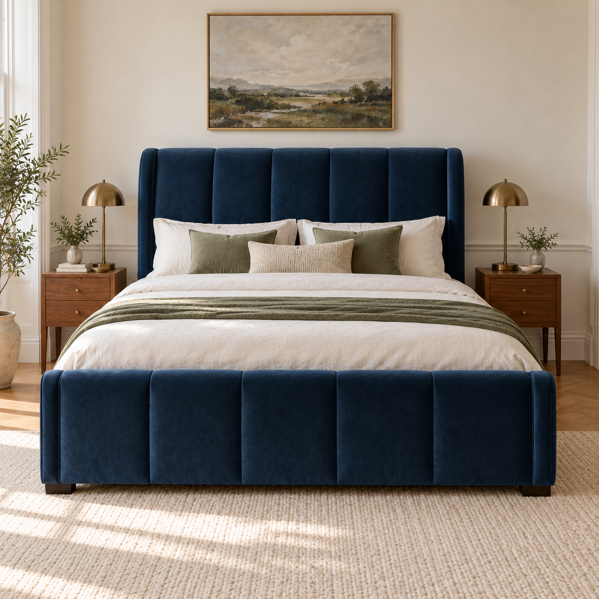 CK Living Lucerne upholstered bed — front lifestyle view