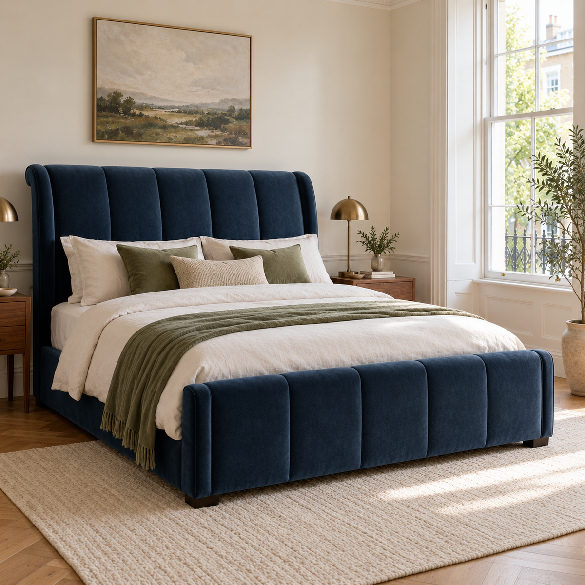 CK Living Lucerne upholstered bed — opposite-angle lifestyle view