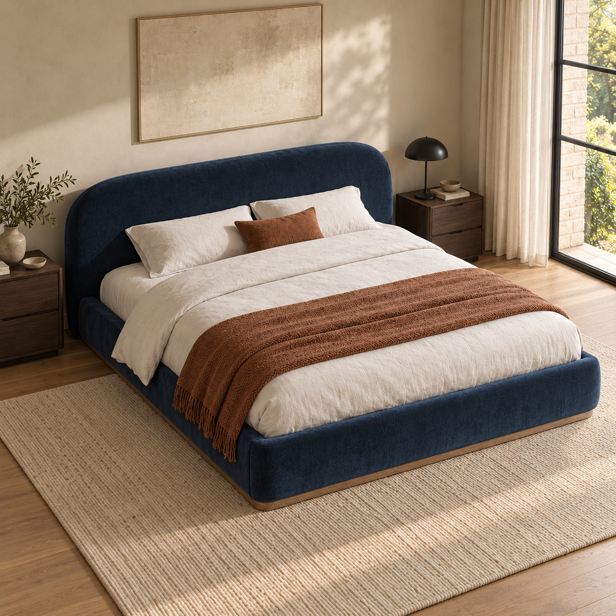 CK Living Marden upholstered bed in ink blue velvet — elevated lifestyle view