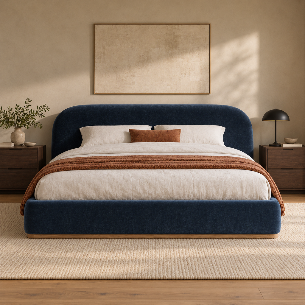 CK Living Marden upholstered bed in ink blue velvet — front lifestyle view