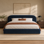 CK Living Marden upholstered bed in ink blue velvet — front lifestyle view