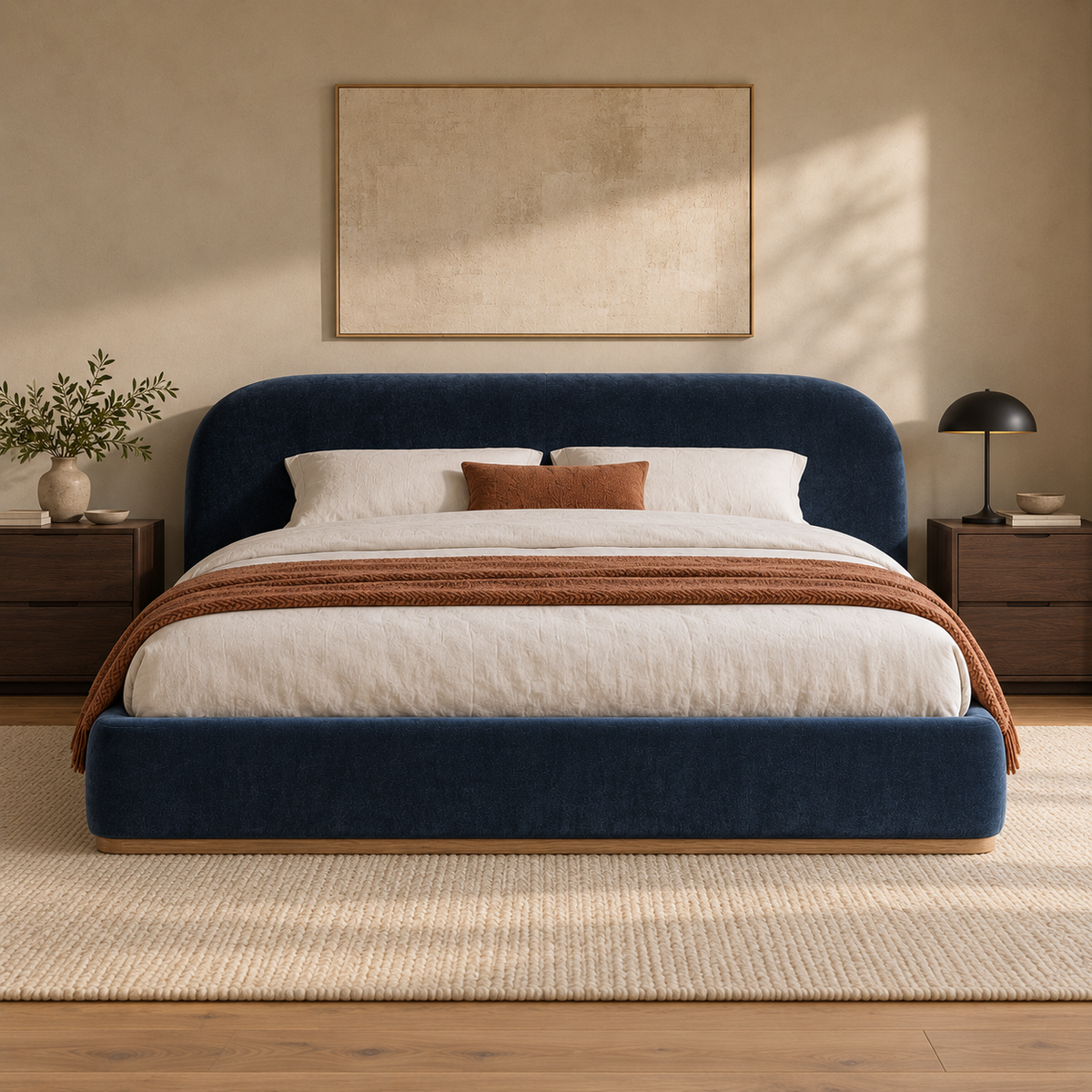 CK Living Marden upholstered bed in ink blue velvet — front lifestyle view