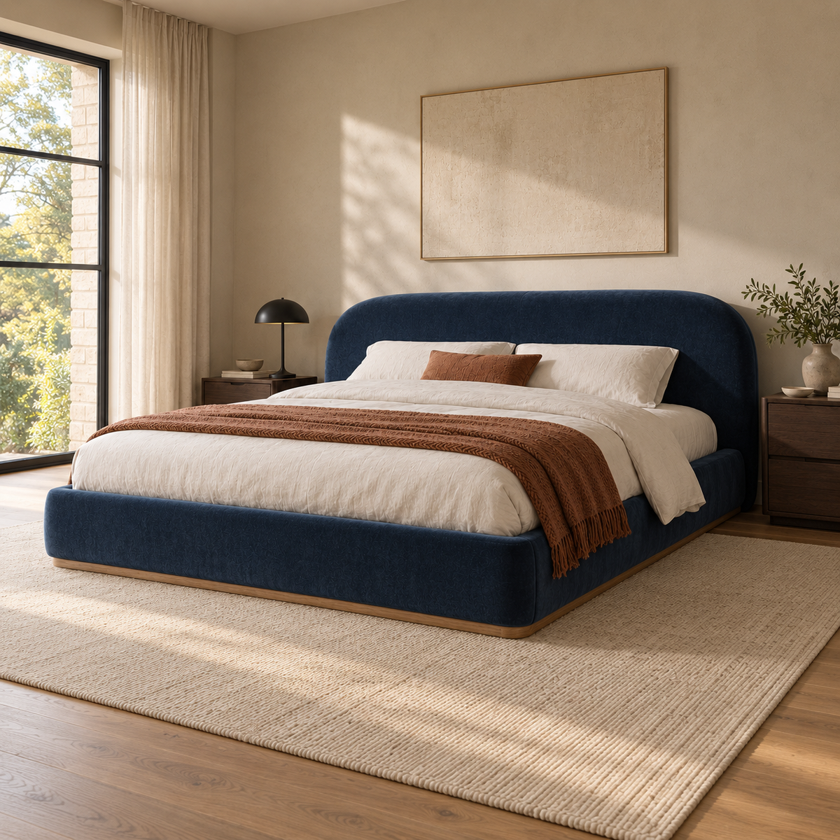 CK Living Marden upholstered bed in ink blue velvet — opposite angle lifestyle view