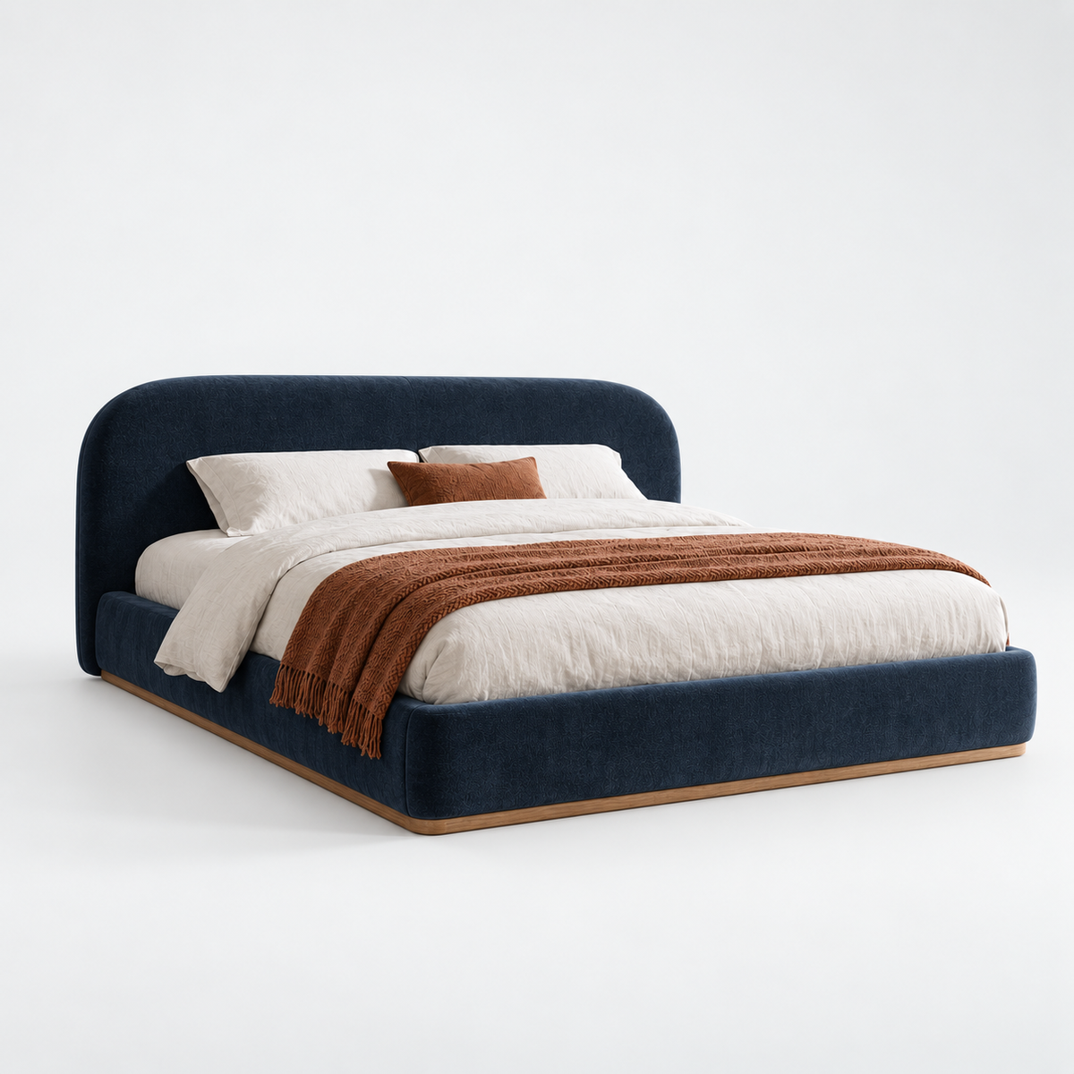 CK Living Marden upholstered bed in ink blue velvet — plain cold-white grey background