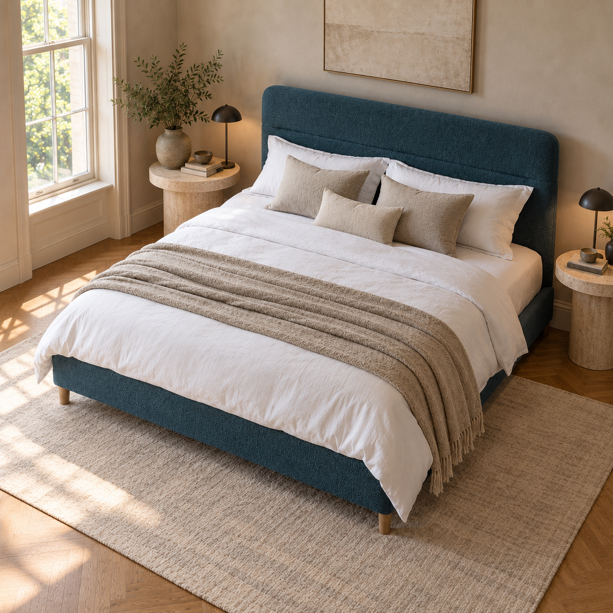 CK Living Marlowe upholstered bed — elevated lifestyle view