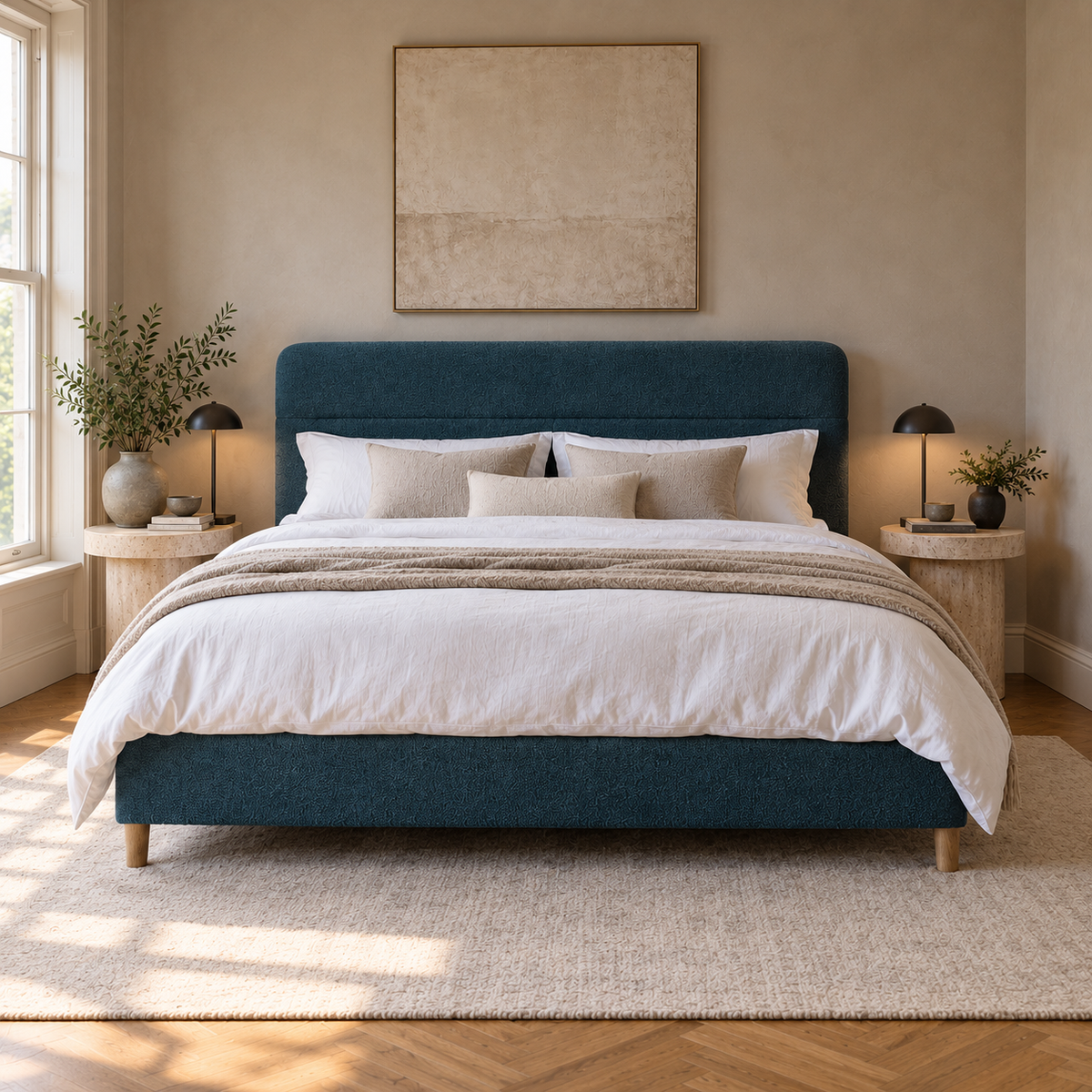 CK Living Marlowe upholstered bed — front lifestyle view