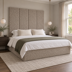 Four Mink Teddy 45cm wall panels behind a matching upholstered bed base in a styled bedroom. Room visualisation; panels sold individually, base and styling separate.