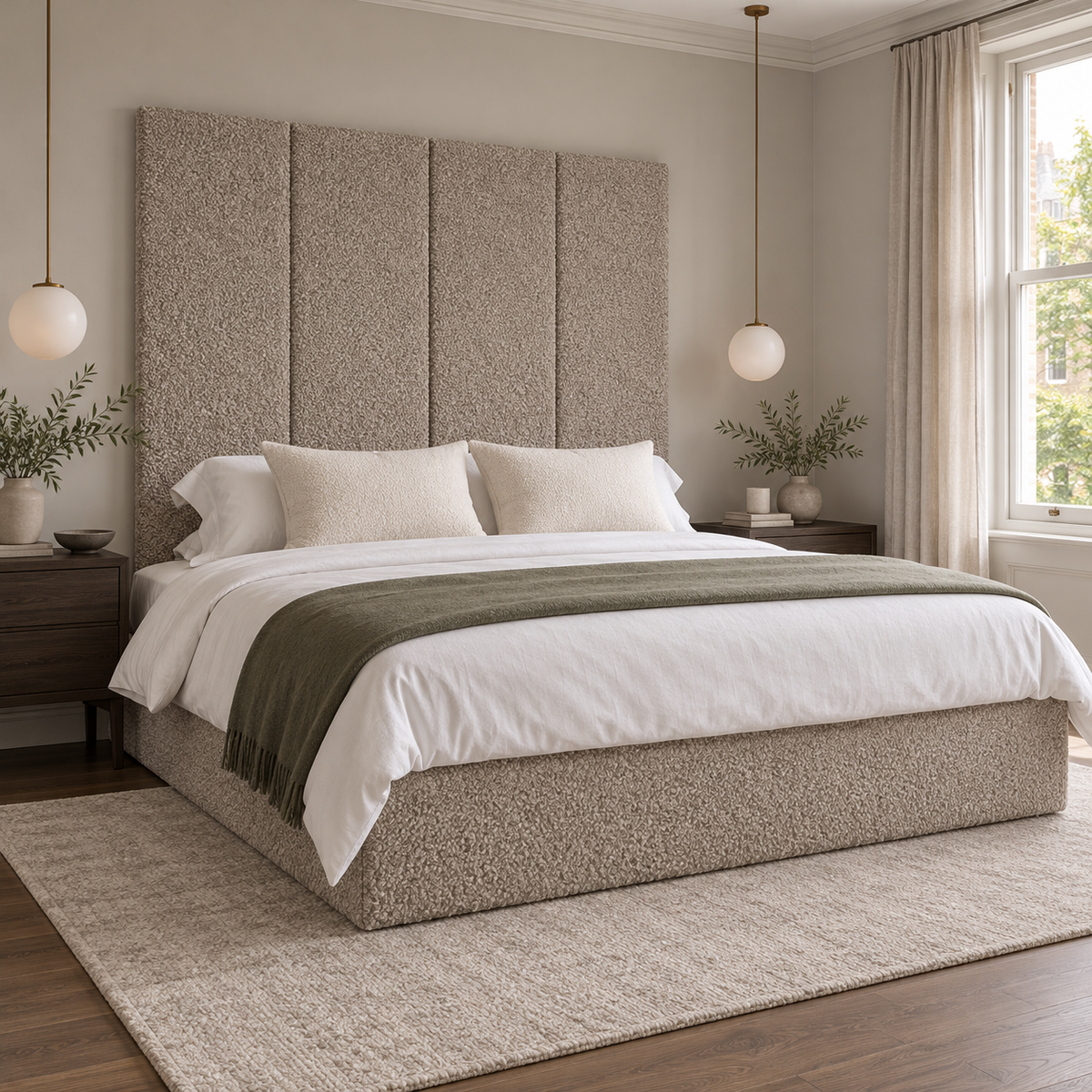 Four Mink Teddy 45cm wall panels behind a matching upholstered bed base in a styled bedroom. Room visualisation; panels sold individually, base and styling separate.