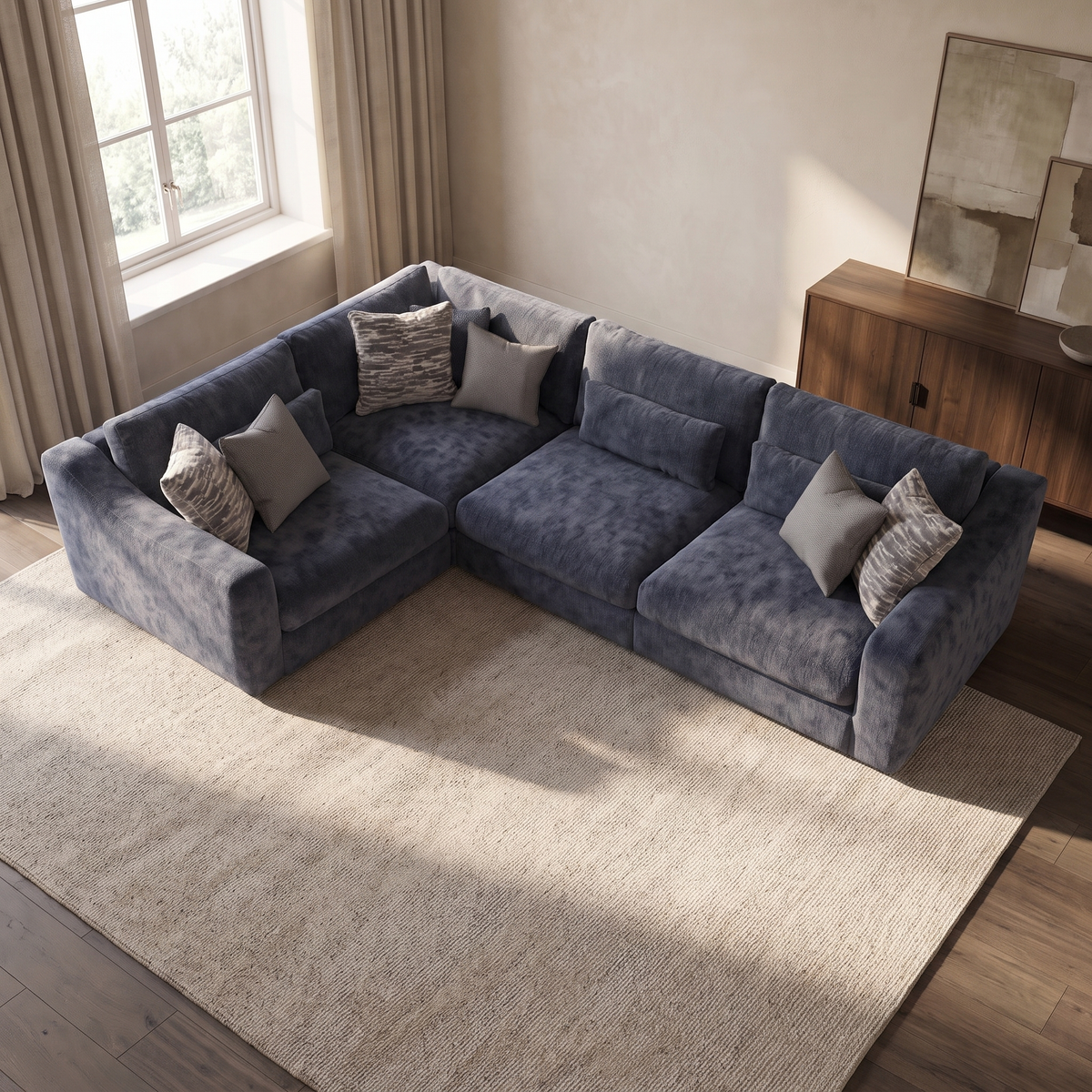 Montella 1 Corner 3 Sofa — elevated camera view in a warm stone and walnut living room