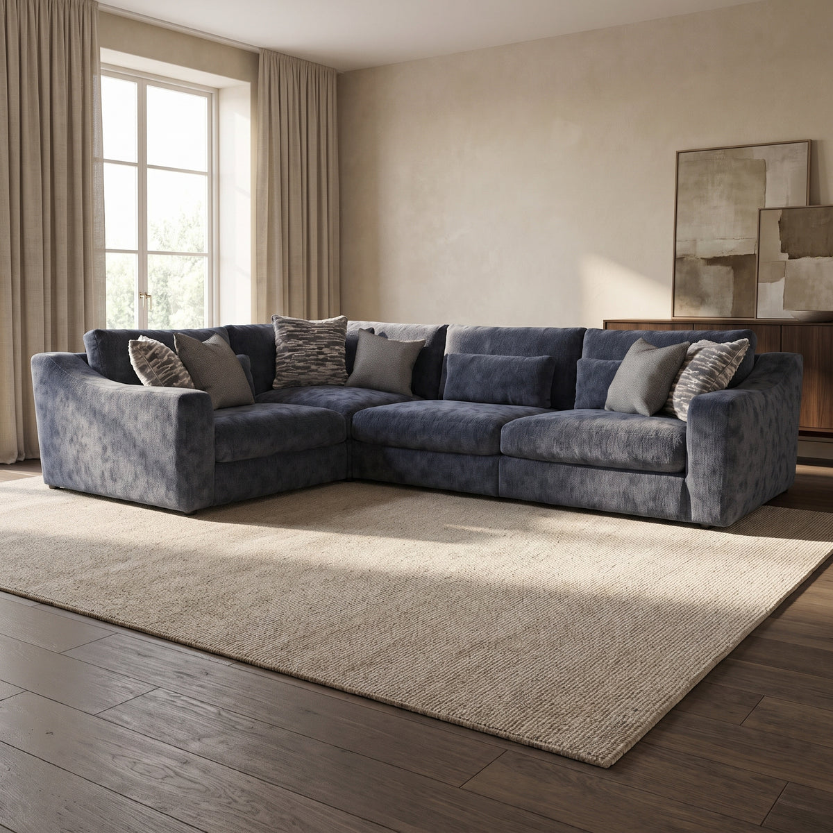Montella 1 Corner 3 Sofa — main lifestyle view in a warm stone and walnut living room