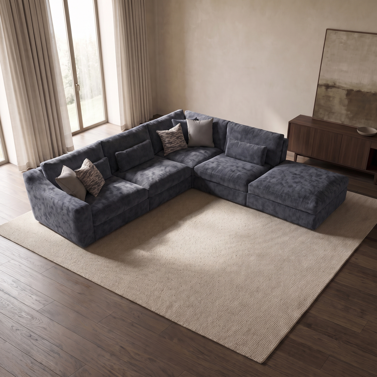 Montella 3 Corner 1 Chaise Sofa — elevated camera view in a warm stone and walnut living room