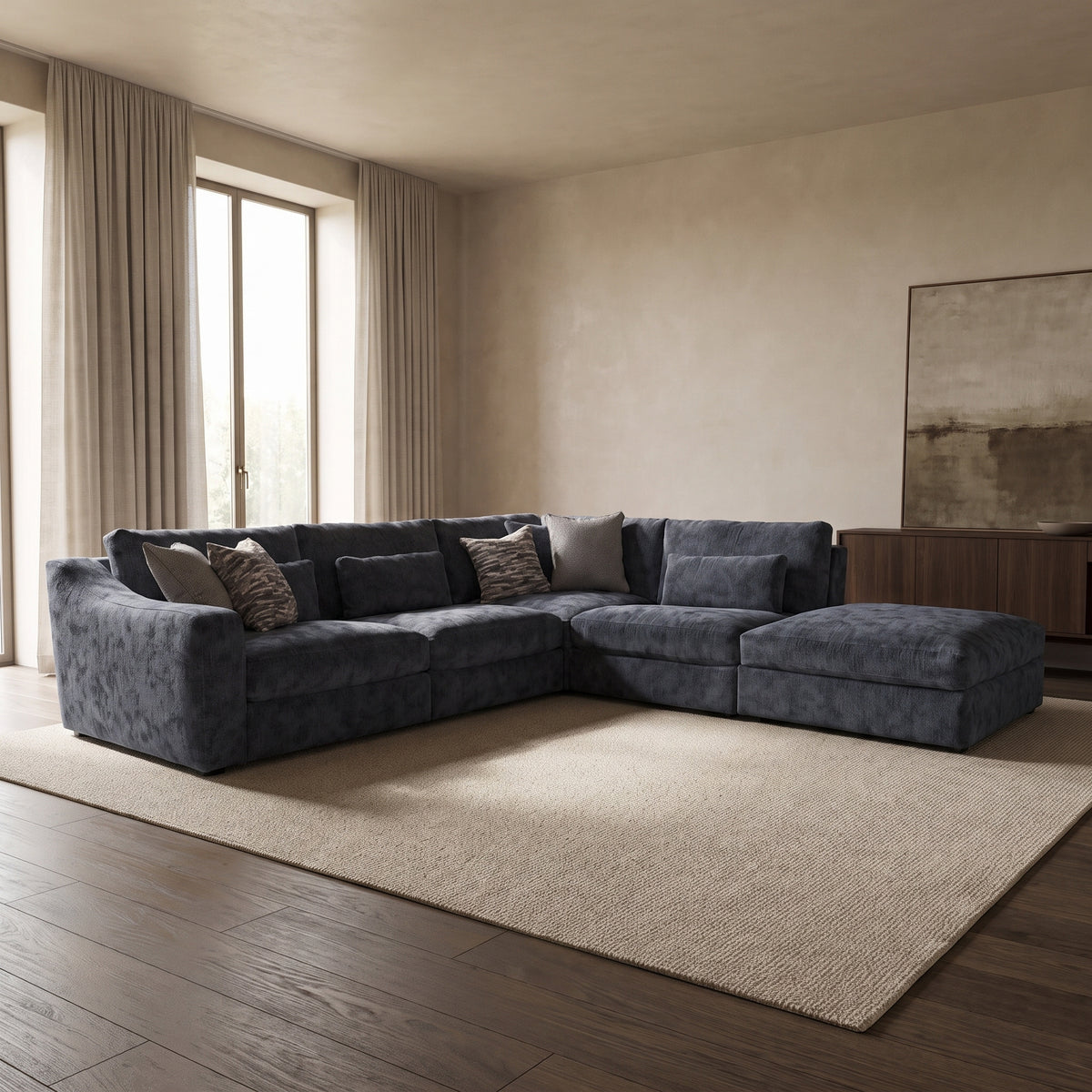 Montella 3 Corner 1 Chaise Sofa — main lifestyle view in a warm stone and walnut living room