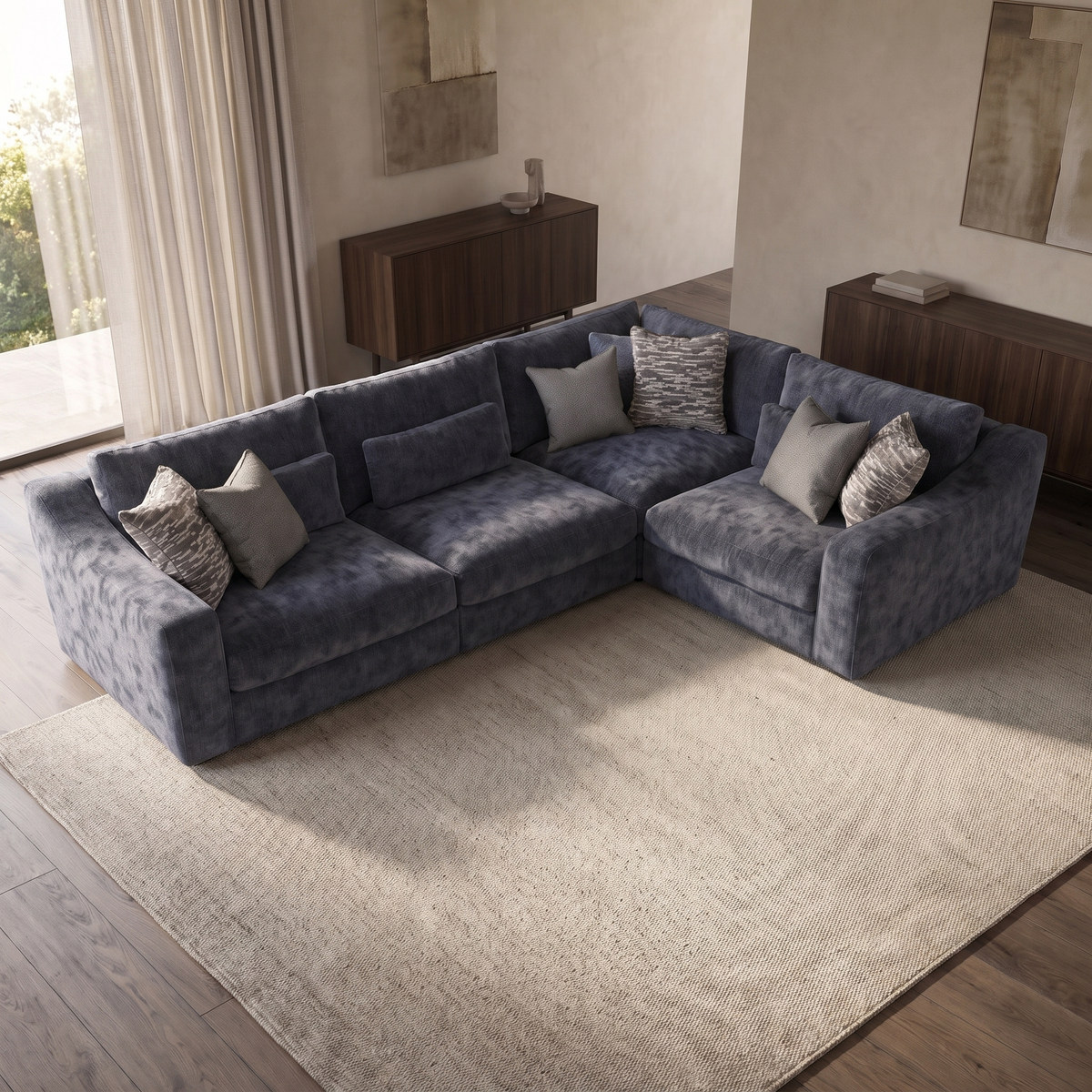 Montella 3 Corner 1 Sofa — elevated camera view in a warm stone and walnut living room
