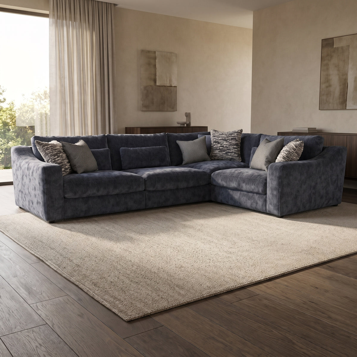Montella 3 Corner 1 Sofa — main lifestyle view in a warm stone and walnut living room