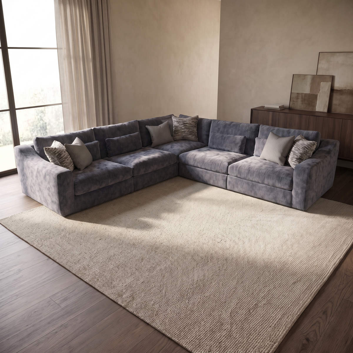 Montella 3 Corner 3 Sofa — elevated camera view in a warm stone and walnut living room