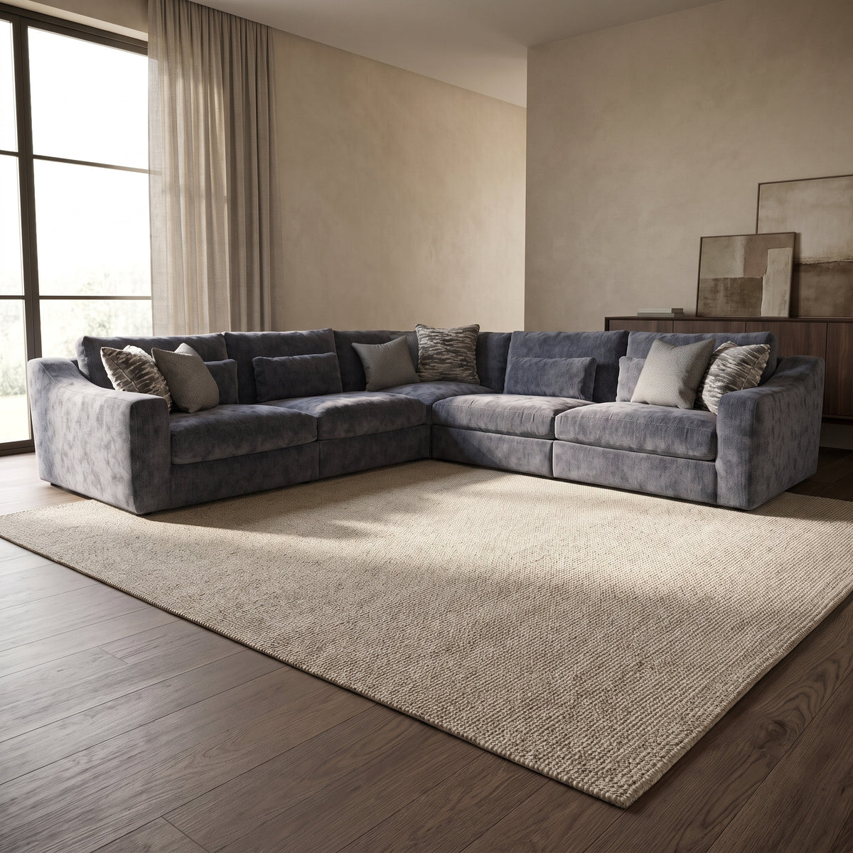 Montella 3 Corner 3 Sofa — main lifestyle view in a warm stone and walnut living room