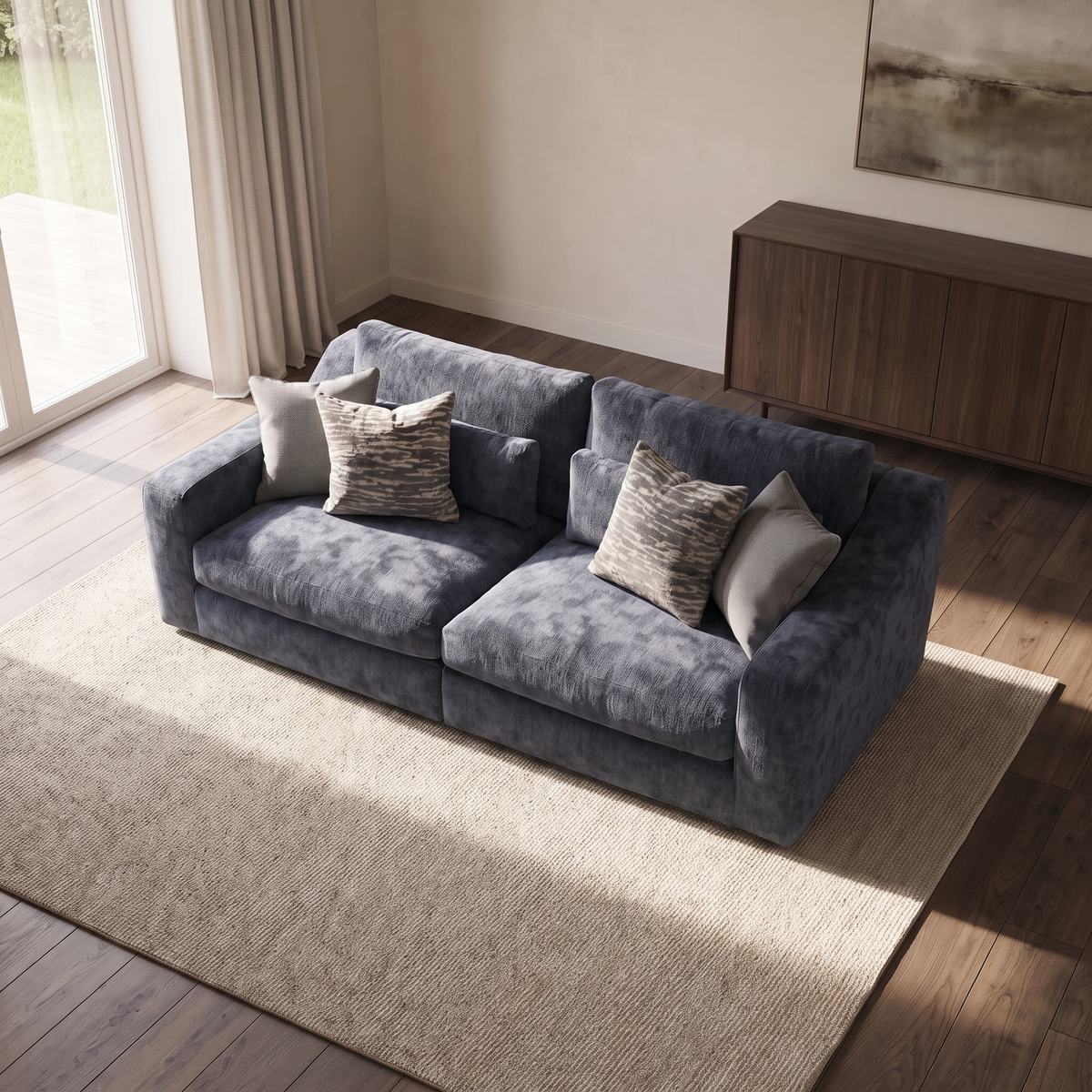 Montella 3 Seater Split Sofa — elevated camera view in a warm stone and walnut living room