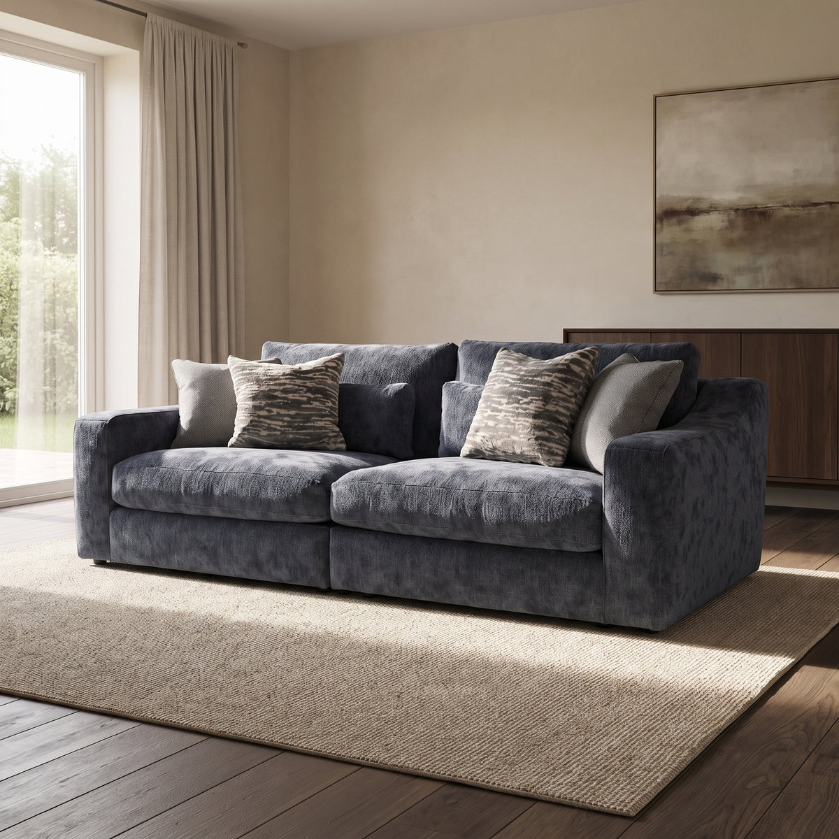 Montella 3 Seater Split Sofa — main lifestyle view in a warm stone and walnut living room