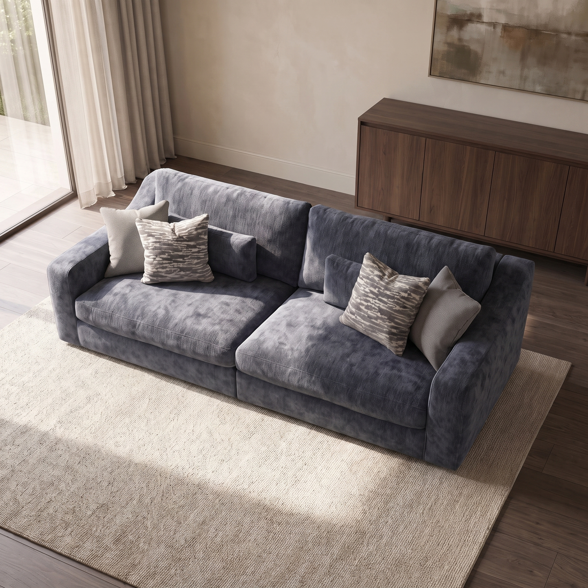 Montella 4 Seater Split Sofa — elevated camera view in a warm stone and walnut living room