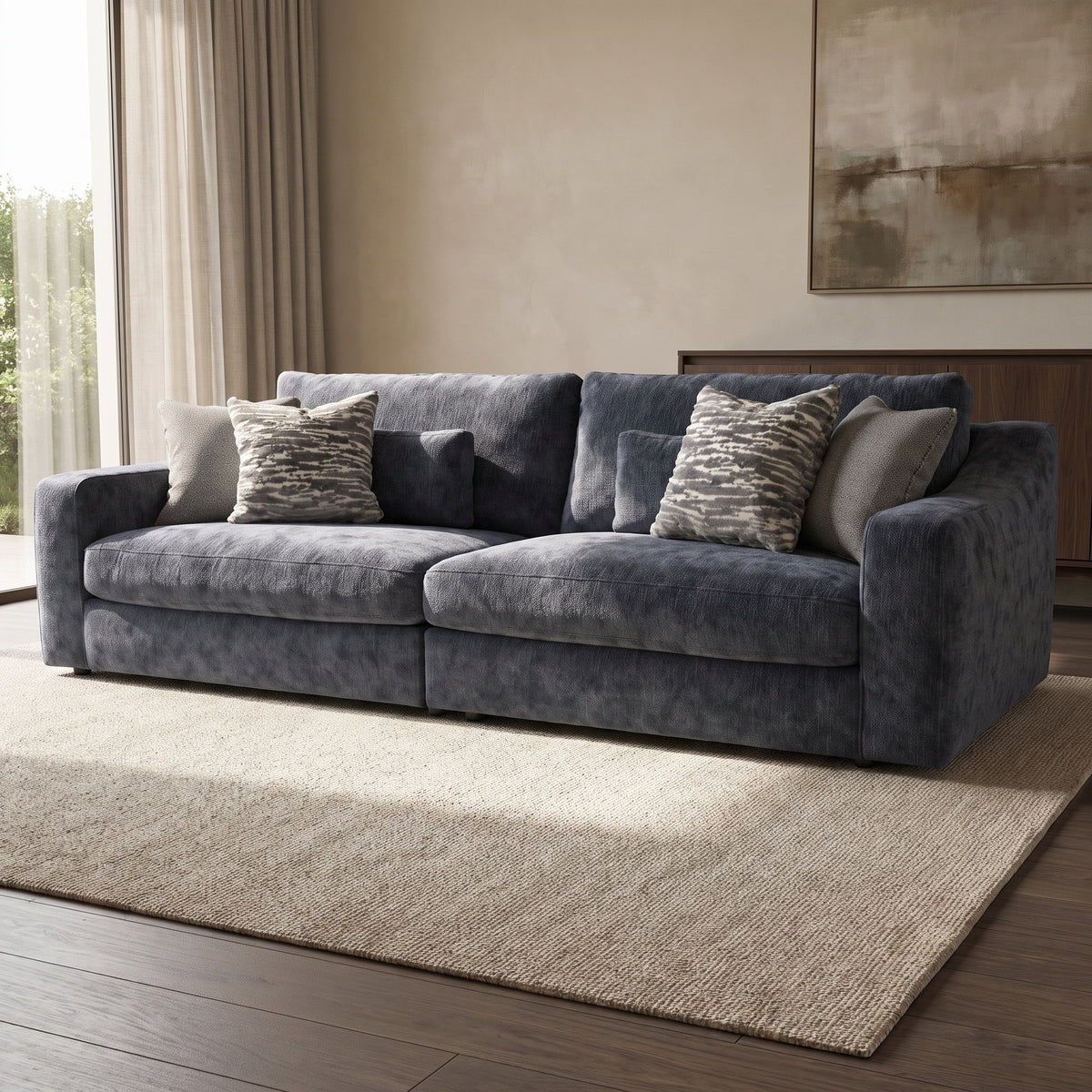 Montella 4 Seater Split Sofa — main lifestyle view in a warm stone and walnut living room