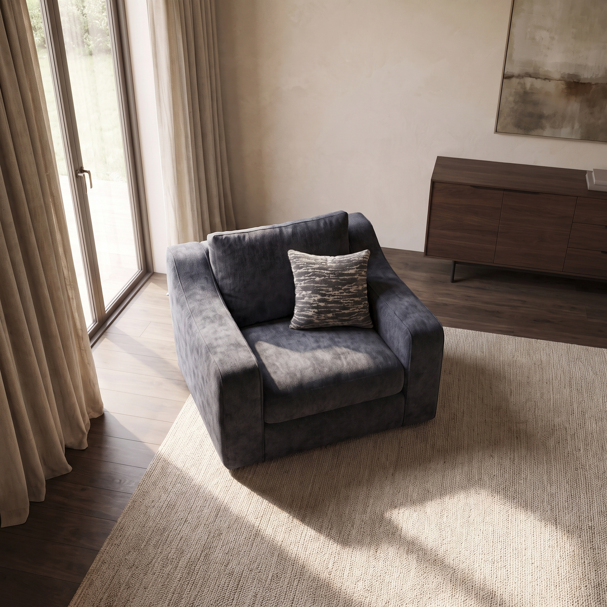 Montella Accent Chair — elevated camera view in a warm stone and walnut living room
